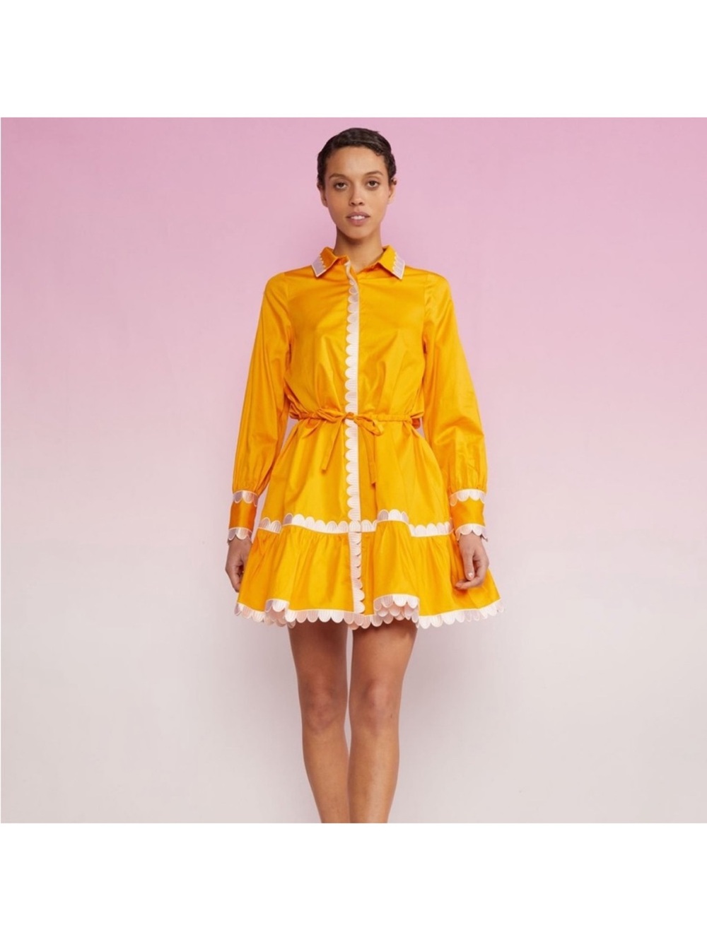 Cynthia Rowley Yellow Shirt Mini Dress with White Scalloped Trim